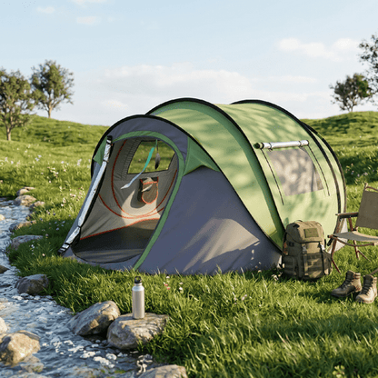 COTINSE Instant Pop Up Camping Tent, 4 Person Waterproof Family Tent with Front Awning, Dual Mesh Doors, Storage Pockets and Carry Bag for Camping, Traveling, Green