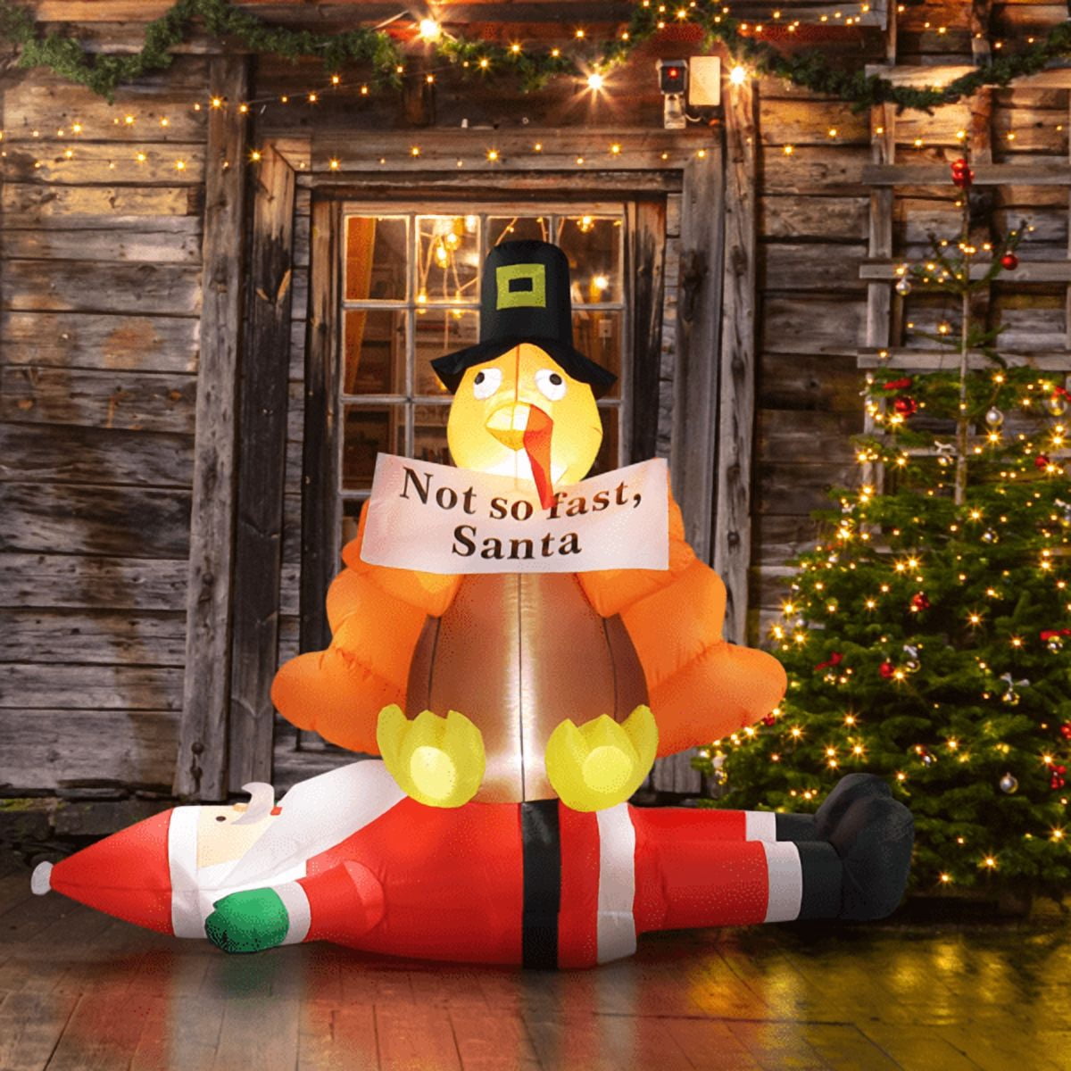 COTINSE 4.9 FT Christmas Inflatable Decorations Outdoor, Turkey Sitting on Santa Claus Blow Up Yard Decoration with Built-in LED Lights