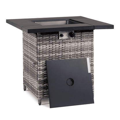 COTINSE 28" Propane Fire Pit Table, 50,000 BTU 2-in-1 Outdoor Gas Fire Table with Metal Lid, Lava Rocks, Pulse Ignition and Wicker Base for Patio Backyard Garden, Gray