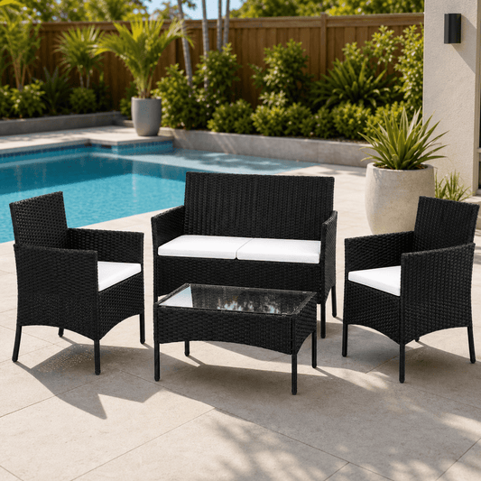 COTINSE 4 Piece Patio Conversation Set, Outdoor PE Rattan Wicker Furniture Set with 2 Armchairs, Loveseat, Tempered Glass Coffee Table & Cushions, Black
