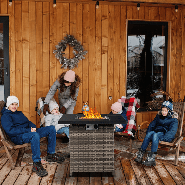 COTINSE 28" Propane Fire Pit Table, 50,000 BTU 2-in-1 Outdoor Gas Fire Table with Metal Lid, Lava Rocks, Pulse Ignition and Wicker Base for Patio Backyard Garden, Gray