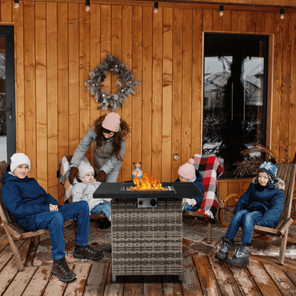 COTINSE 28" Propane Fire Pit Table, 50,000 BTU 2-in-1 Outdoor Gas Fire Table with Metal Lid, Lava Rocks, Pulse Ignition and Wicker Base for Patio Backyard Garden, Gray