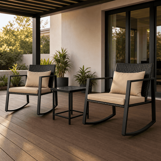 COTINSE 3 Pieces Patio Furniture Set, Outdoor Conversation Set with Coffee Table, PE Wicker Rocking Chairs with Cushions