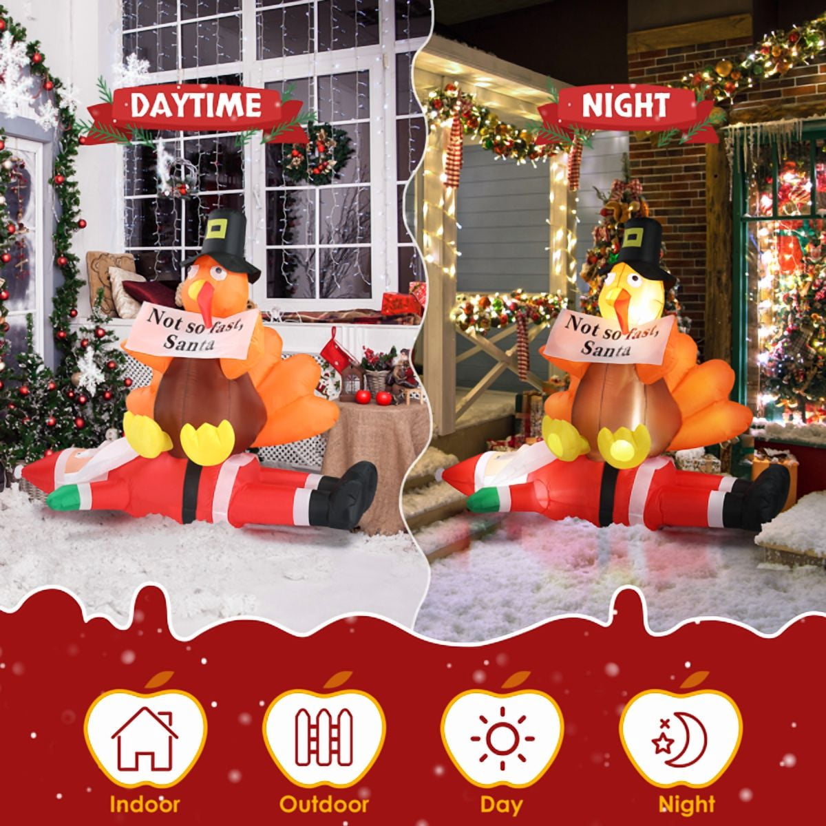 COTINSE 4.9 FT Christmas Inflatable Decorations Outdoor, Turkey Sitting on Santa Claus Blow Up Yard Decoration with Built-in LED Lights