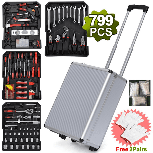COTINSE 799-Piece Tool Kit with Trolley Case, Complete Home Repair Tool Set with Wheels and Telescoping Handle for Dorm, Garage and Auto Maintenance