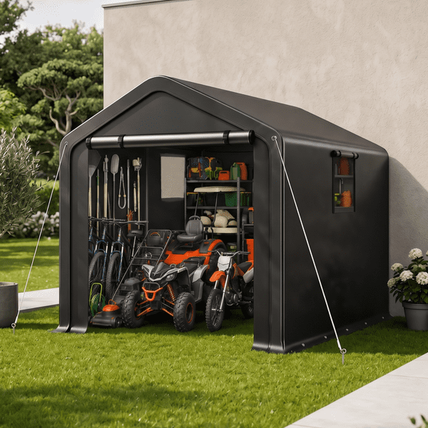 COTINSE 8x10 FT Outdoor Storage Shed, Waterproof Portable Bike Storage Tent with Roll-Up Zipper Door, 2 Windows, Heavy Duty Frame and Ground Stakes for Bicycles, Garden Tools and Firewood