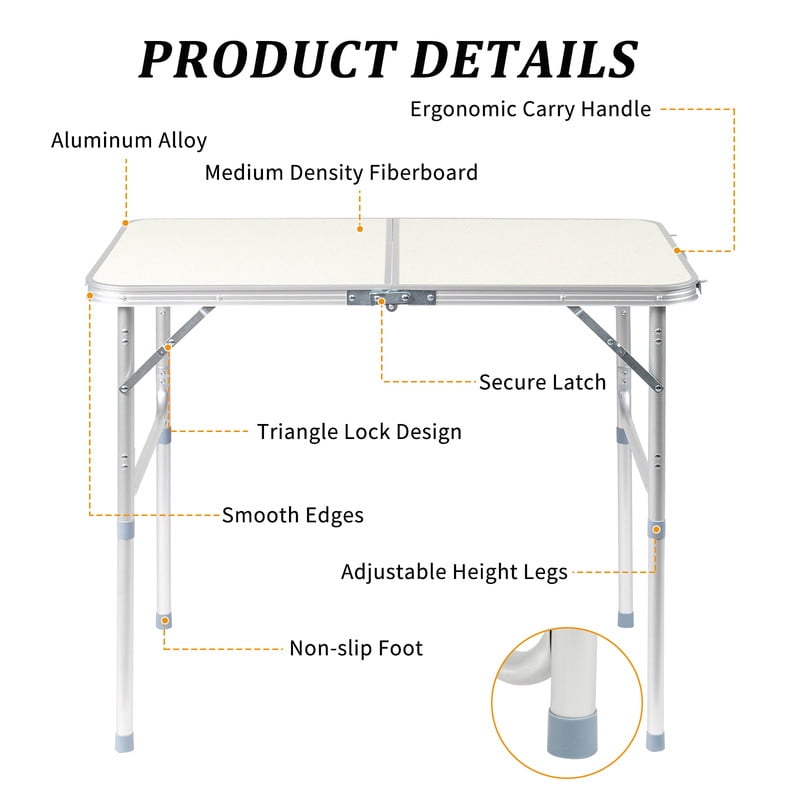 COTINSE 3 FT Adjustable Height Aluminum Folding Table with Carry Handle, Portable Camping Picnic Dining Table for Indoor Outdoor Use, Beige