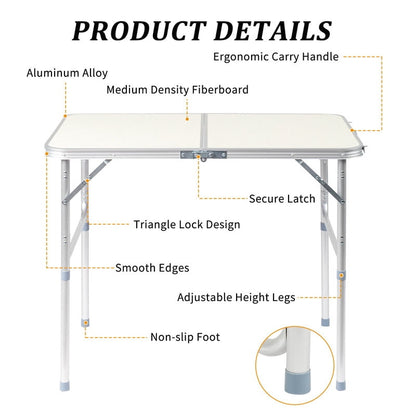COTINSE 3 FT Adjustable Height Aluminum Folding Table with Carry Handle, Portable Camping Picnic Dining Table for Indoor Outdoor Use, Beige