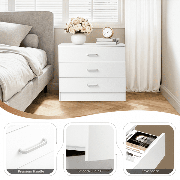 COTINSE 3-Drawer Dresser, White Nightstand Bedside Table, Wide Storage Cabinet with Drawers for Bedroom, Living Room, Home Office