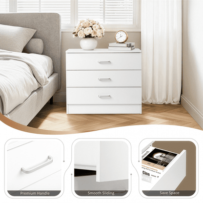 COTINSE 3-Drawer Dresser, White Nightstand Bedside Table, Wide Storage Cabinet with Drawers for Bedroom, Living Room, Home Office