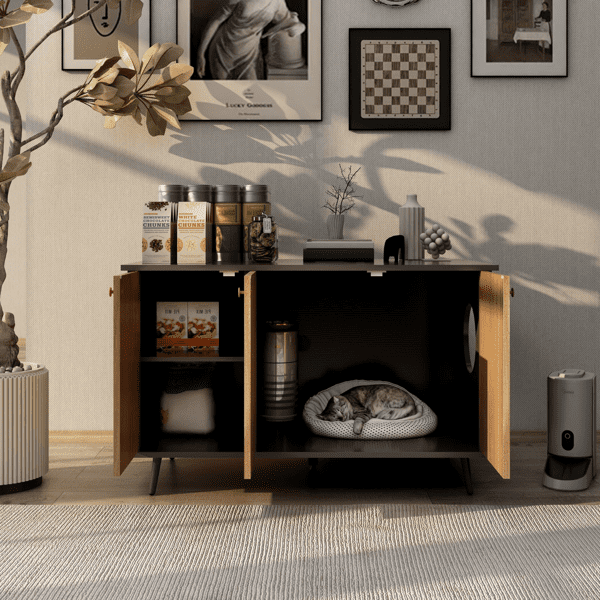 COTINSE Large Litter Box Enclosure with Hidden Plug, 3-Door Cat Litter Box Furniture with Storage, Indoor Cat House, Black Walnut