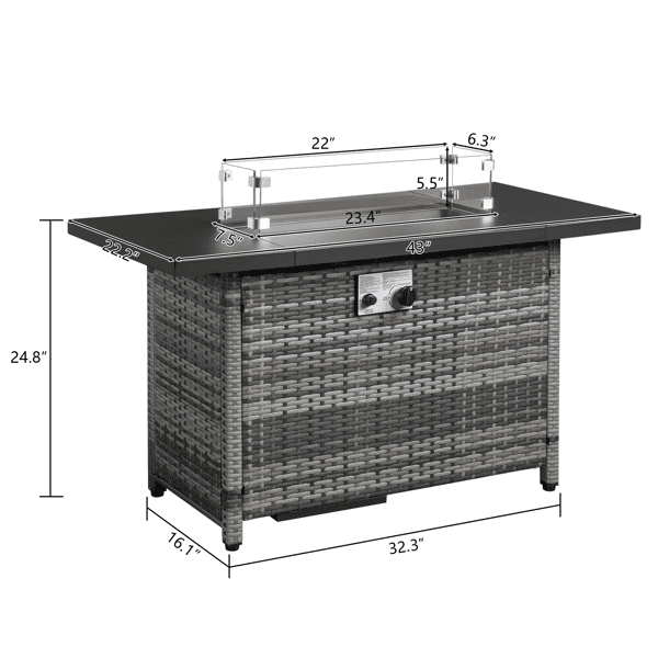 COTINSE 43" Propane Fire Pit Table, 50,000 BTU Outdoor Gas Fire Table with Glass Wind Guard, Lid, Lava Rocks and Wicker Base for Patio, Backyard and Garden, Gray