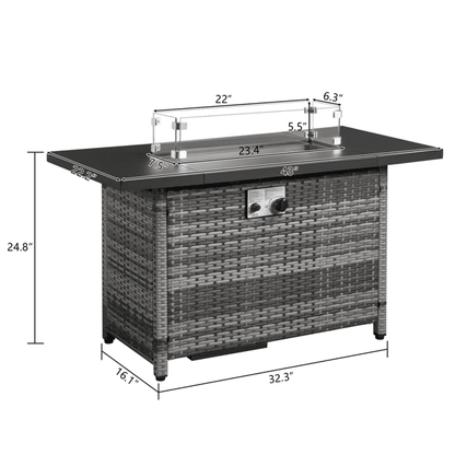 COTINSE 43" Propane Fire Pit Table, 50,000 BTU Outdoor Gas Fire Table with Glass Wind Guard, Lid, Lava Rocks and Wicker Base for Patio, Backyard and Garden, Gray