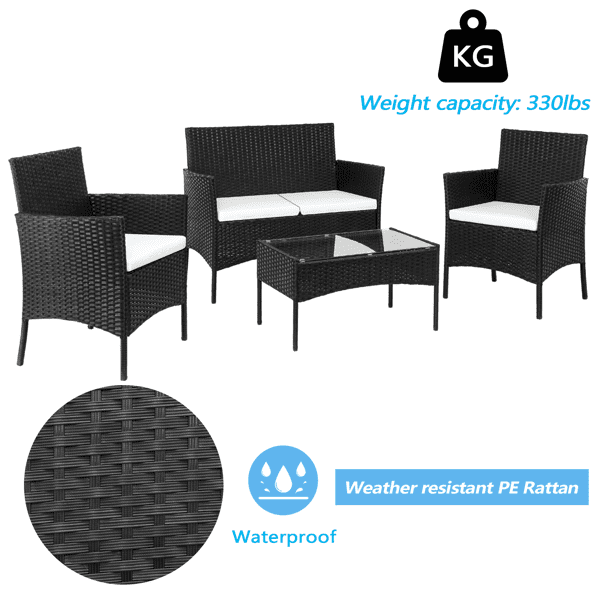 COTINSE 4 Piece Patio Conversation Set, Outdoor PE Rattan Wicker Furniture Set with 2 Armchairs, Loveseat, Tempered Glass Coffee Table & Cushions, Black