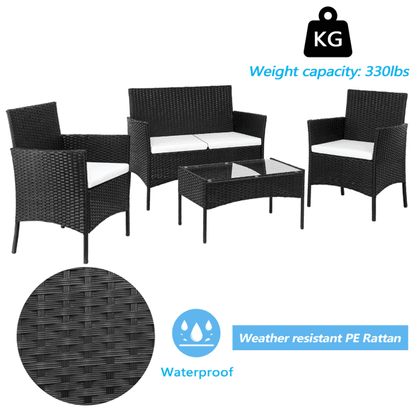 COTINSE 4 Piece Patio Conversation Set, Outdoor PE Rattan Wicker Furniture Set with 2 Armchairs, Loveseat, Tempered Glass Coffee Table & Cushions, Black