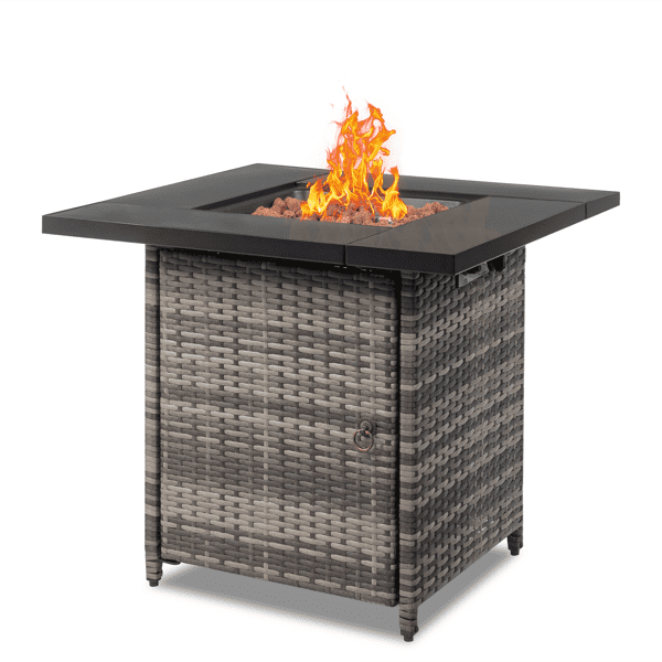 COTINSE 28" Propane Fire Pit Table, 50,000 BTU 2-in-1 Outdoor Gas Fire Table with Metal Lid, Lava Rocks, Pulse Ignition and Wicker Base for Patio Backyard Garden, Gray