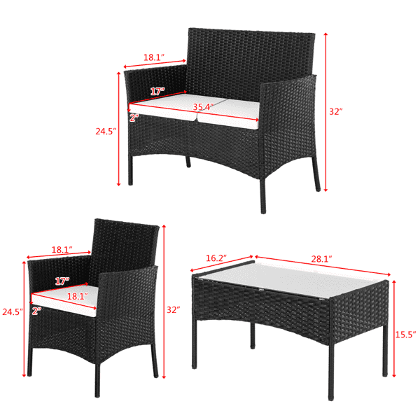 COTINSE 4 Piece Patio Conversation Set, Outdoor PE Rattan Wicker Furniture Set with 2 Armchairs, Loveseat, Tempered Glass Coffee Table & Cushions, Black