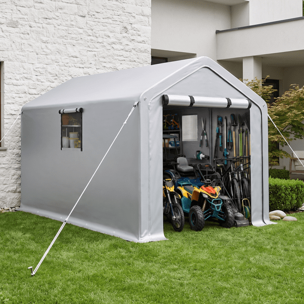 COTINSE 8x10 FT Outdoor Storage Shed, Waterproof Portable Bike Storage Tent with Roll-Up Zipper Door, 2 Windows, Heavy Duty Frame and Ground Stakes for Bicycles, Garden Tools and Firewood