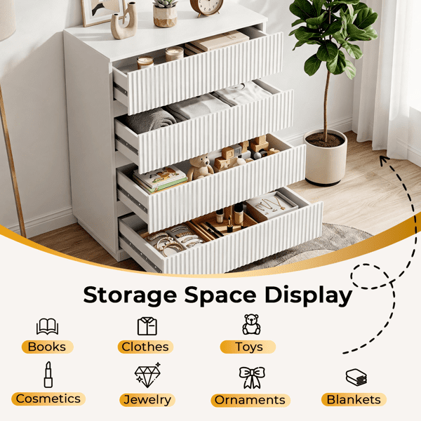 COTINSE 4-Drawer Dresser, White Handleless Nightstand with Grille Fronts, Engineered Wood Storage Cabinet for Bedroom, 23.62 in Wide