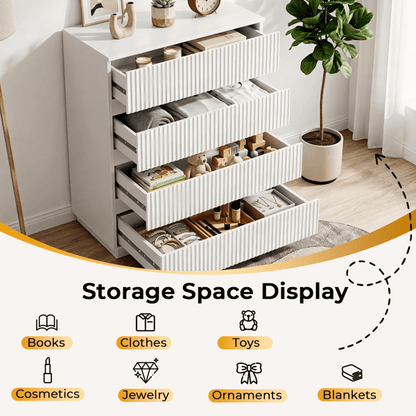 COTINSE 4-Drawer Dresser, White Handleless Nightstand with Grille Fronts, Engineered Wood Storage Cabinet for Bedroom, 23.62 in Wide