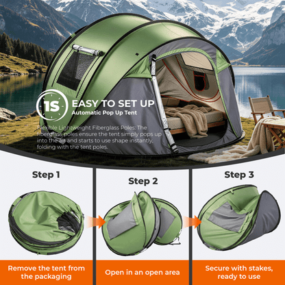 COTINSE Instant Pop Up Camping Tent, 4 Person Waterproof Family Tent with Front Awning, Dual Mesh Doors, Storage Pockets and Carry Bag for Camping, Traveling, Green