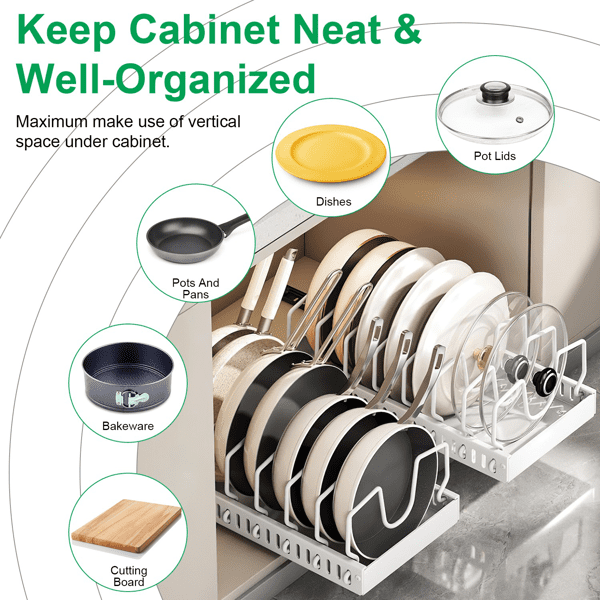 COTINSE Pull Out Pots and Pans Organizer for Cabinet, Sliding Carbon Steel Lid Rack with 8 Adjustable Dividers, 44 lb Capacity, White