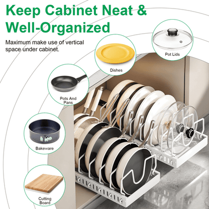 COTINSE Pull Out Pots and Pans Organizer for Cabinet, Sliding Carbon Steel Lid Rack with 8 Adjustable Dividers, 44 lb Capacity, White