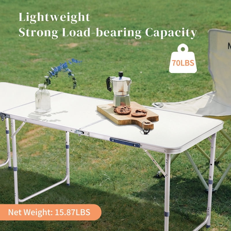 COTINSE 6 FT Adjustable Height Aluminum Folding Table with Carry Handle, Portable Camping Picnic Dining Table for Party Indoor Outdoor Use, Beige