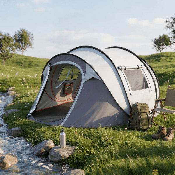 COTINSE Instant Pop Up Camping Tent, 4 Person Waterproof Family Tent with Front Awning, Dual Mesh Doors, Storage Pockets and Carry Bag for Camping, Traveling, Light Gray