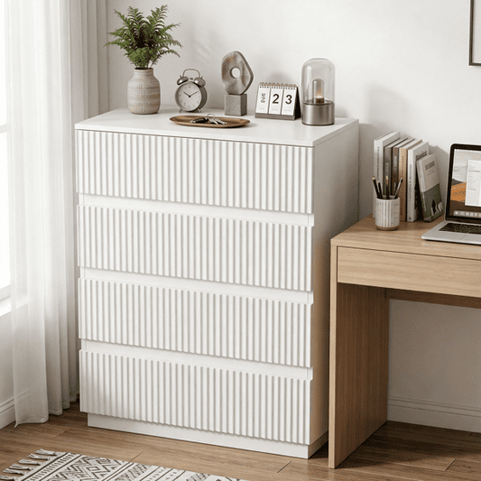 COTINSE 4-Drawer Dresser, White Handleless Nightstand with Grille Fronts, Engineered Wood Storage Cabinet for Bedroom, 23.62 in Wide