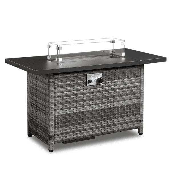 COTINSE 43" Propane Fire Pit Table, 50,000 BTU Outdoor Gas Fire Table with Glass Wind Guard, Lid, Lava Rocks and Wicker Base for Patio, Backyard and Garden, Gray