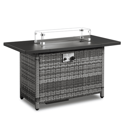 COTINSE 43" Propane Fire Pit Table, 50,000 BTU Outdoor Gas Fire Table with Glass Wind Guard, Lid, Lava Rocks and Wicker Base for Patio, Backyard and Garden, Gray