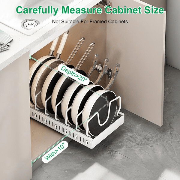 COTINSE Pull Out Pots and Pans Organizer for Cabinet, Sliding Carbon Steel Lid Rack with 8 Adjustable Dividers, 44 lb Capacity, White