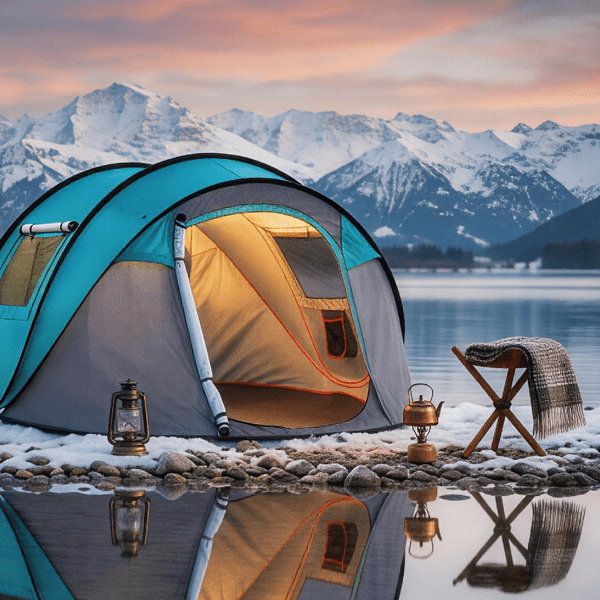 COTINSE Instant Pop Up Camping Tent, 4 Person Waterproof Family Tent with Front Awning, Dual Mesh Doors, Storage Pockets and Carry Bag for Camping, Traveling, Blue