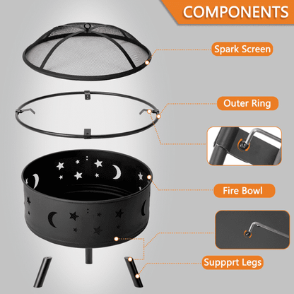 COTINSE 30-Inch Wood Burning Fire Pit for Outside with Spark Screen and Poker, Round Metal Fire Bowl for Patio, Backyard and Camping, Black