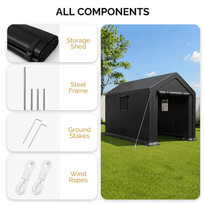 COTINSE 8x10 FT Outdoor Storage Shed, Waterproof Portable Bike Storage Tent with Roll-Up Zipper Door, 2 Windows, Heavy Duty Frame and Ground Stakes for Bicycles, Garden Tools and Firewood