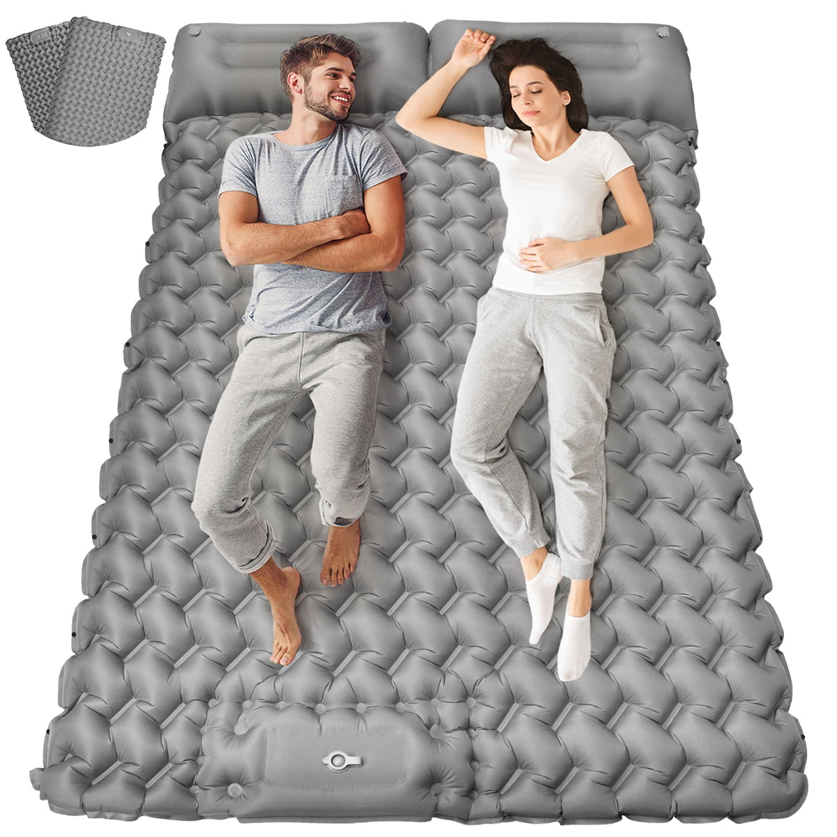 Cotinse Double Camping Sleeping Pad - Self Inflating 4" Extra-Thick for 2 Person with Pillow Built-in Foot Pump Inflatable Sleeping Mat for Backpacking, Traveling, Portable Camping Mat,Gray
