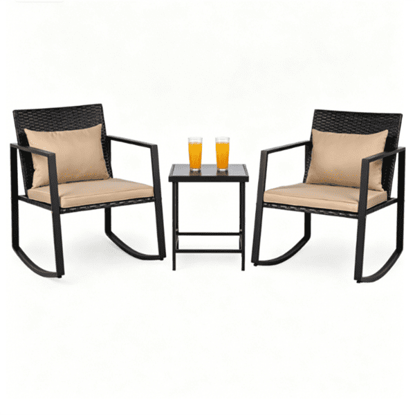 COTINSE 3 Pieces Patio Furniture Set, Outdoor Conversation Set with Coffee Table, PE Wicker Rocking Chairs with Cushions