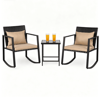 COTINSE 3 Pieces Patio Furniture Set, Outdoor Conversation Set with Coffee Table, PE Wicker Rocking Chairs with Cushions