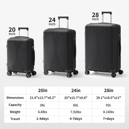 COTINSE 3 Piece Hardside Luggage Set, Lightweight PP Suitcases with 360° Spinner Wheels, 20/24/28 Inch Travel Trolley Case, Black