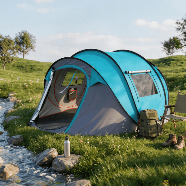 COTINSE Instant Pop Up Camping Tent, 4 Person Waterproof Family Tent with Front Awning, Dual Mesh Doors, Storage Pockets and Carry Bag for Camping, Traveling, Blue