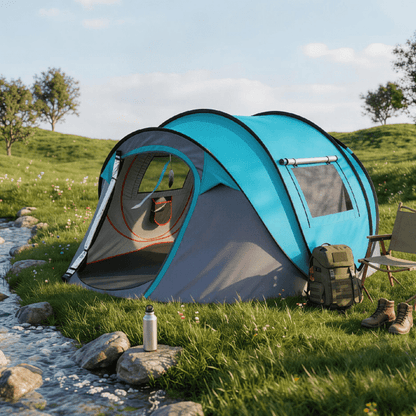 COTINSE Instant Pop Up Camping Tent, 4 Person Waterproof Family Tent with Front Awning, Dual Mesh Doors, Storage Pockets and Carry Bag for Camping, Traveling, Blue