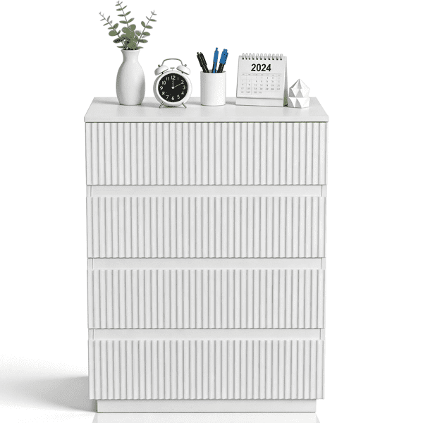 COTINSE 4-Drawer Dresser, White Handleless Nightstand with Grille Fronts, Engineered Wood Storage Cabinet for Bedroom, 23.62 in Wide