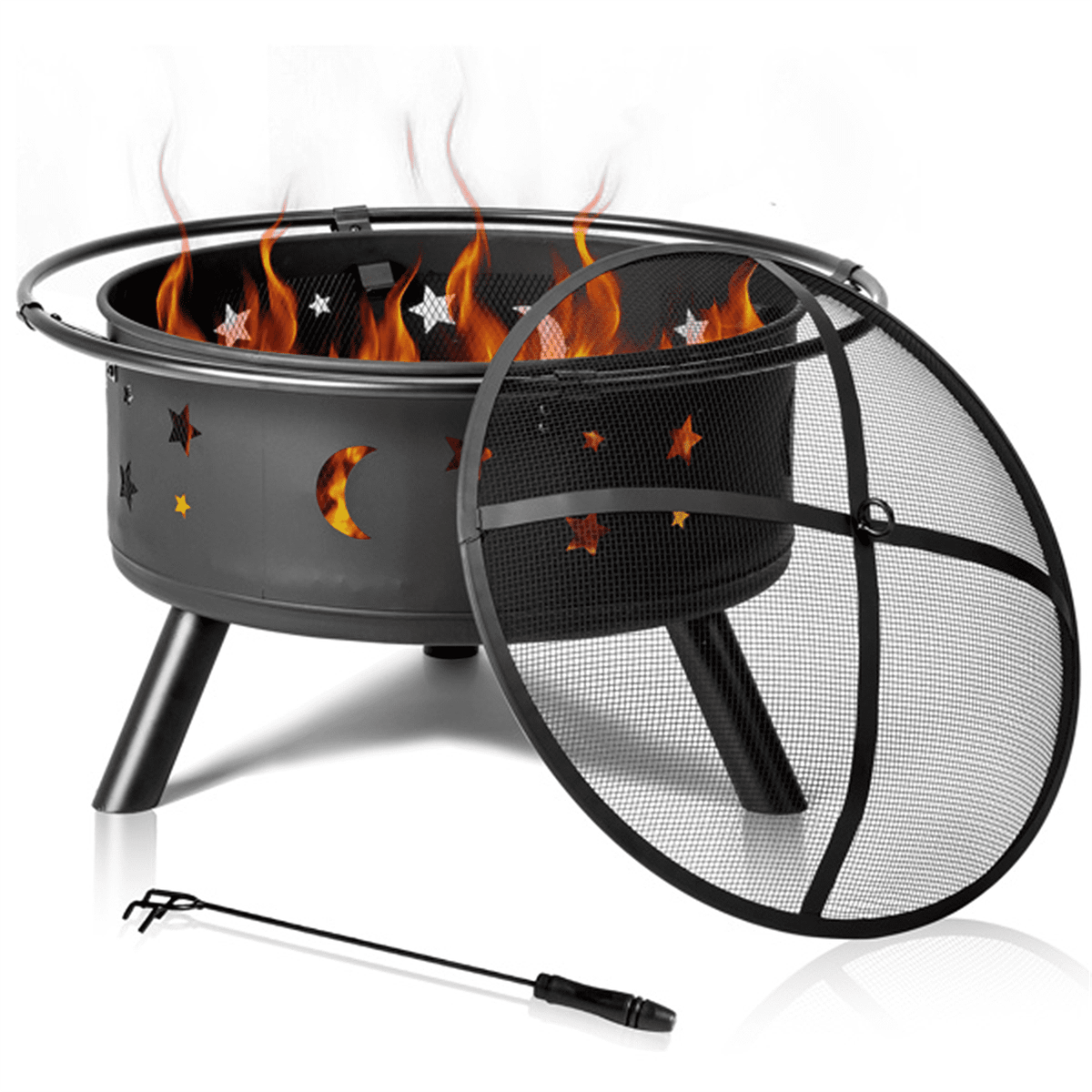 COTINSE 30-Inch Wood Burning Fire Pit for Outside with Spark Screen and Poker, Round Metal Fire Bowl for Patio, Backyard and Camping, Black