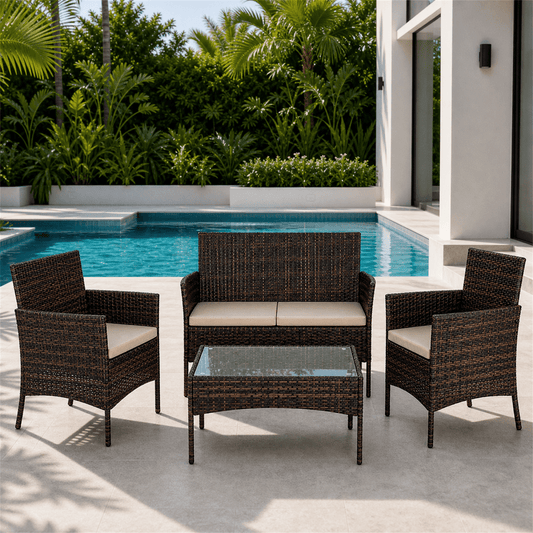 COTINSE 4 Piece Patio Conversation Set, Outdoor PE Rattan Wicker Furniture Set with 2 Armchairs, Loveseat, Tempered Glass Coffee Table & Cushions, Brown