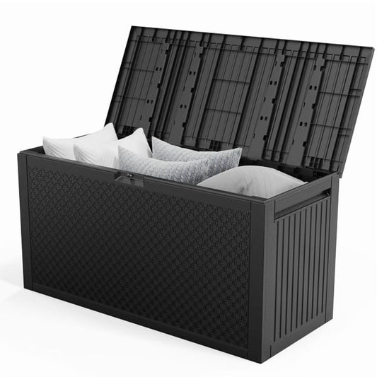 COTINSE 90 Gallon Deck Box, Outdoor Large Storage Box, Waterproof Resin Storage Bench for Patio, Cushions, Gardening Tools, Pool Supplies, Black