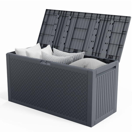 COTINSE 90 Gallon Deck Box, Outdoor Large Storage Box, Waterproof Resin Storage Bench for Patio, Cushions, Gardening Tools, Pool Supplies, Gray