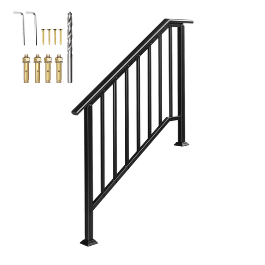 COTINSE Heavy-Duty Wrought Iron Handrails for Outdoor Steps, Fits 3 to 4 Steps, 600lbs Support Metal Stair Railing for Concrete or Wood,Black