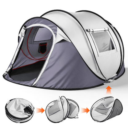 COTINSE Instant Pop Up Camping Tent, 4 Person Waterproof Family Tent with Front Awning, Dual Mesh Doors, Storage Pockets and Carry Bag for Camping, Traveling, Light Gray