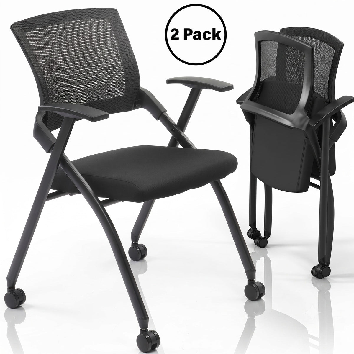 Cotinse 2 Pack Folding Office Chair Stackable Conference Room Chairs with Wheels and Padded Mesh Back Ergonomic for Reception Meeting
